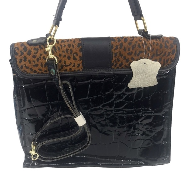 GENUINE LEATHER CHEETAH PRINT CONVERTIBLE CROSSBODY HANDBAG BAG SNAP CLOSURE - Picture 2 of 16